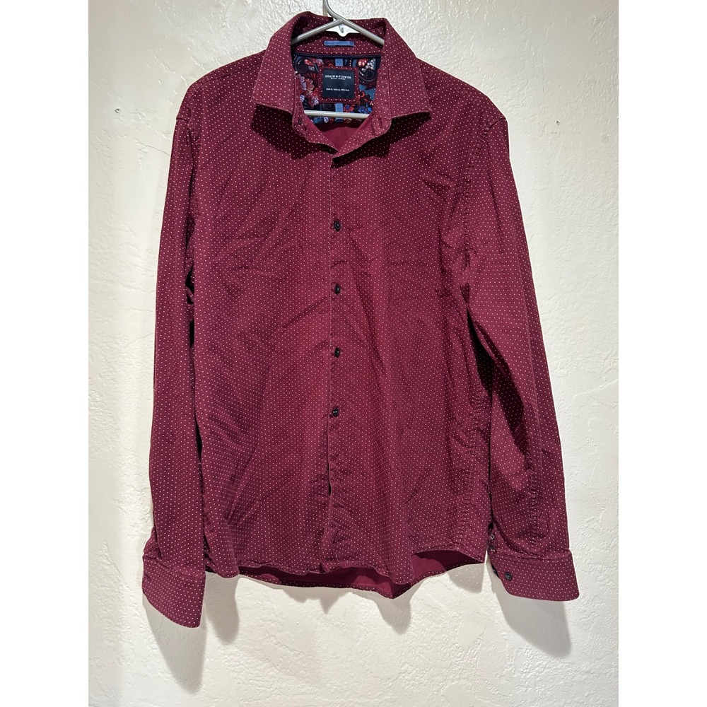 Denim & Flower Ricky Singh Mens XL Burgundy‎ Polka Dot Paisley Trim Button Shirt
